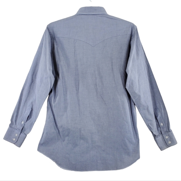 Vtg Wrangler Button Shirt Men 15.5 34 Chambray Gray Cowboy Cut X-Long Tails USA - Picture 6 of 12